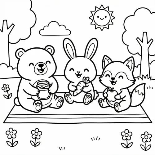 Cute Animals Party Coloring Page thumbnail
