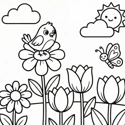 Nature coloring page with plants and outdoor details