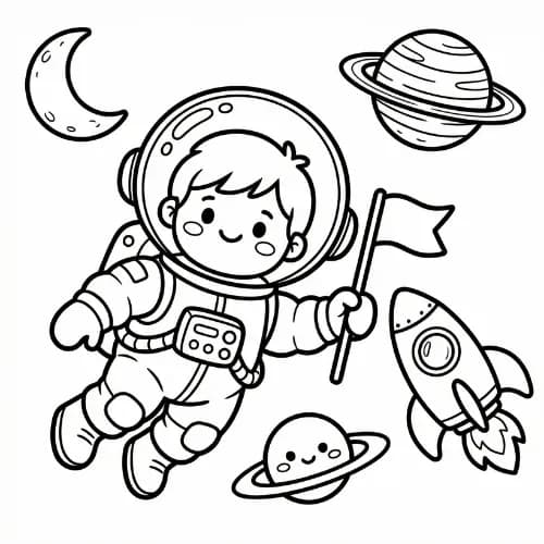 Space-themed coloring page with a rocket and planets