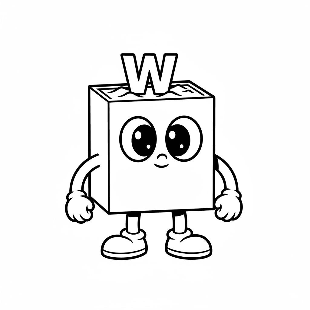 a cartoon white rectangular prism with two arms and legs with big wide round cartoon eyes and water in the top aside from a letter w on top. no color at all. plain black and white outline.