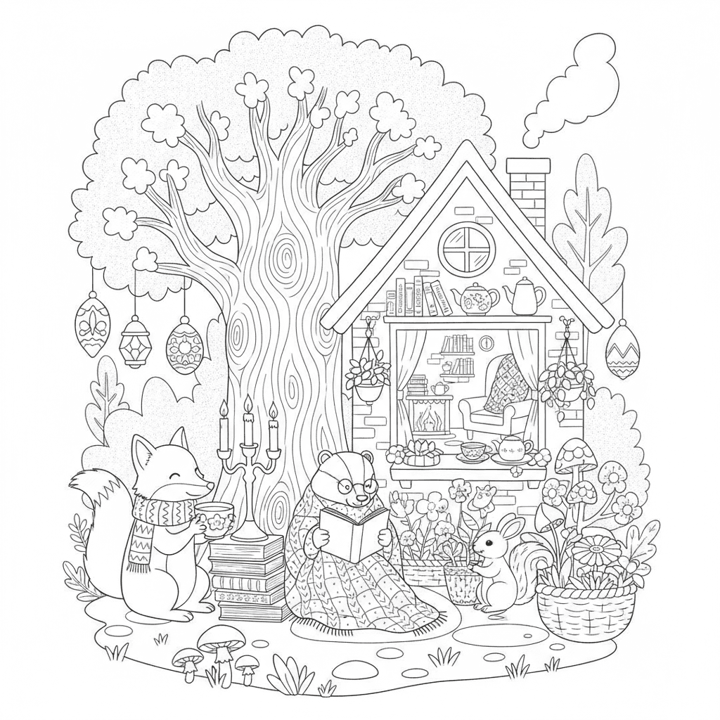 Create a unique adult coloring book page featuring adorable cozy animals in a warm and relaxing scene. Include cute woodland animals, a cozy cottage, books, tea cups, candles, flowers, mushrooms, knitted blankets, plants, and charming home decorations. Highly detailed black and white line art, thick clean outlines, no grayscale, no shading, no color, white background, printable 8.5 x 11 inches, centered composition, professional adult coloring book illustration, original artwork, no text, no watermark, no logos, no copyrighted characters.