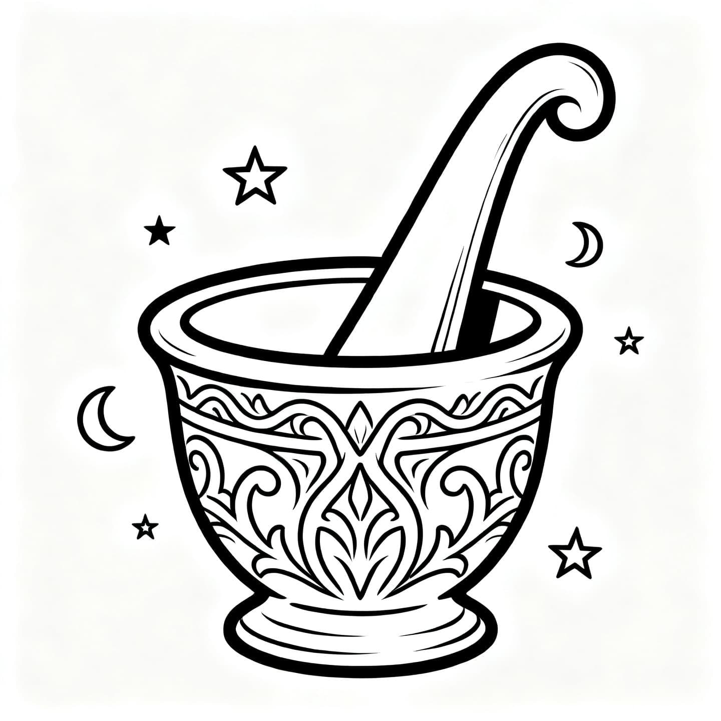 i want an adult witchy coloring book and im doing a section about tools and i want to a page on mortar and pestal i want the name of the tools on the page too and i want it to look witchy and detailed