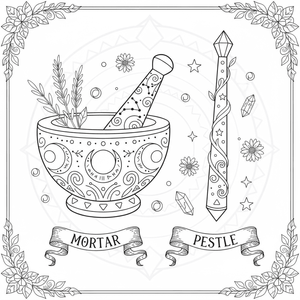 i want an adult witchy coloring book and im doing a section about tools and i want to a page on mortar and pestal i want the name of the tools on the page too and i want it to look witchy and detailed the name of the tools need to be on the coloring page and the tools need to be separate