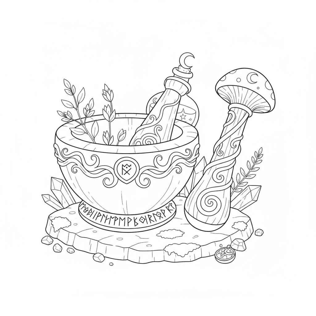 i want an adult witchy coloring book and im doing a section about tools and i want to a page on mortar and pestal i want the name of the tools on the page too and i want it to look witchy and detailed the name of the tools need to be on the coloring page and the tools need to be separate the pestle needs to look like pestle and not a wand
