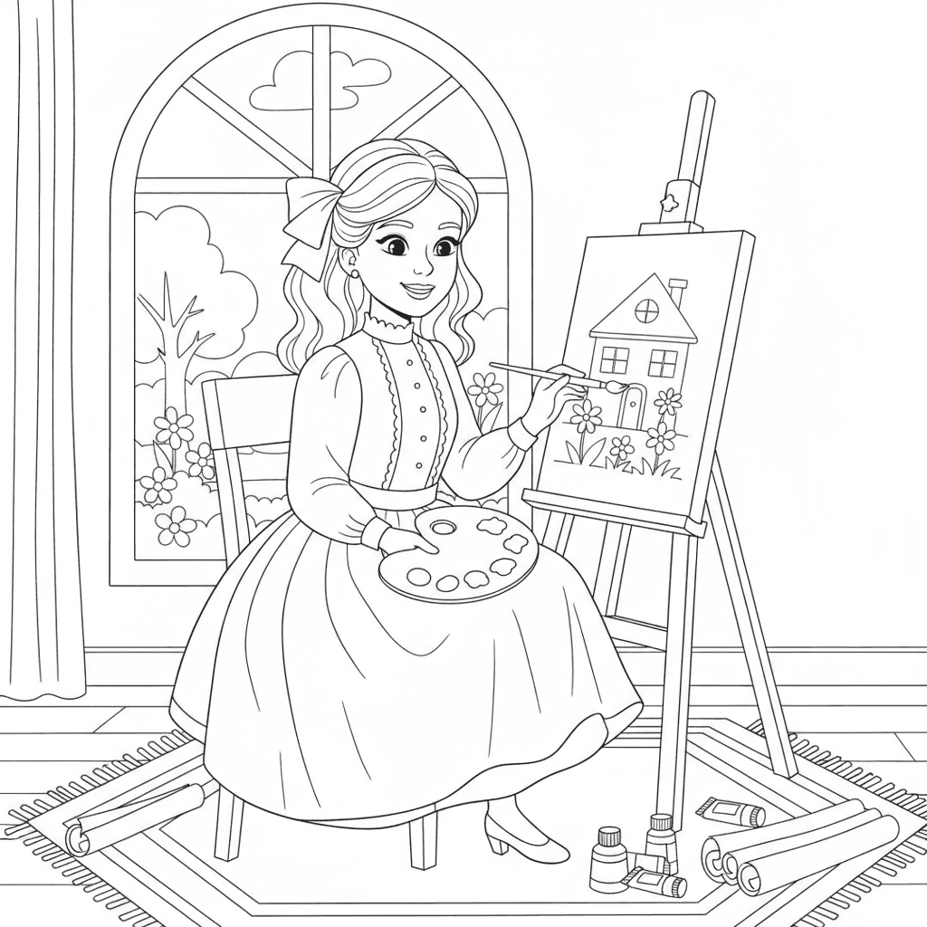 Made a vintage aesthetic girl painting colpr pages for girls