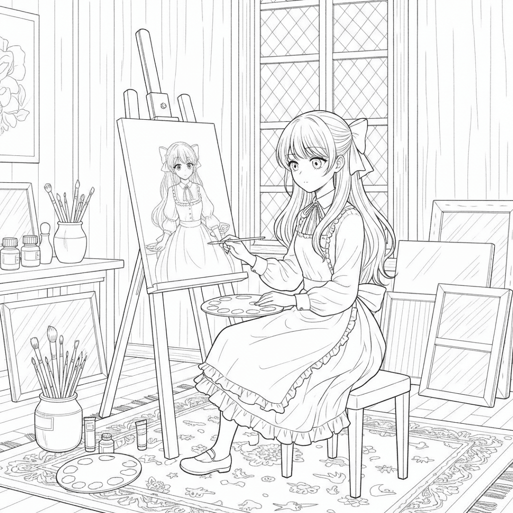 Made a vintage aesthetic girl painting colpr pages for girl no amke in anime girl with long hair