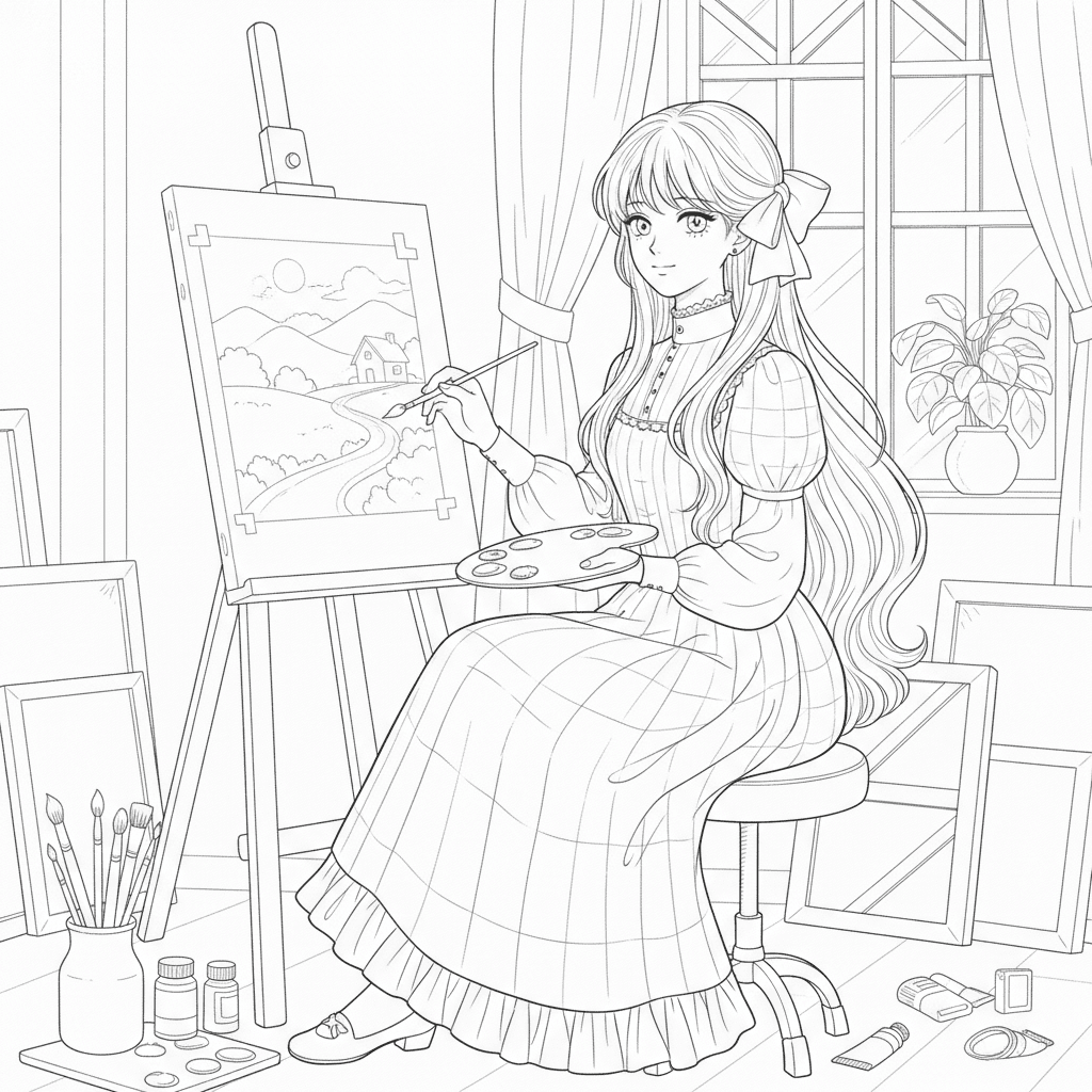 Made a vintage aesthetic girl painting colpr pages for girl no amke in anime girl with long hairkeep the painting plan