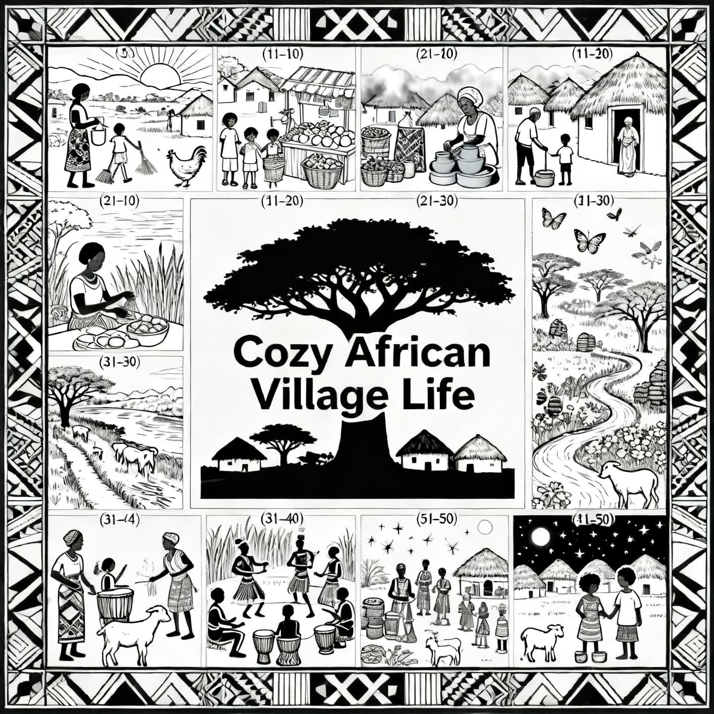 Proposed Scene List — Cozy African Village Life (50 Pages)
Section 1: Morning & Daily Life (1–10)
Sunrise over the village (hero — detailed)
Woman fetching water from the well
Family cooking breakfast outside the hut
Children walking to school
Rooster and chickens in the yard
Grandmother sweeping the courtyard
Boy leading goats to pasture
Woman grinding grain with mortar and pestle
Village elder in a doorway
Sunrise mist over thatched rooftops
Section 2: Market & Craft (11–20) 11. Traditional market day (hero — detailed) 12. Woman weaving baskets under a tree 13. Potter shaping clay pots 14. Market stall with fruits and vegetables 15. Fabric seller with patterned cloth 16. Blacksmith at the forge 17. Beadwork artisan at work 18. Fishmonger at the market 19. Spice merchant with bowls and sacks 20. Wood carver making a stool
Section 3: Nature & Landscape (21–30) 21. Giant baobab tree with village below (hero — detailed) 22. Baobab tree picnic 23. River fishing scene 24. Path through tall grass 25. Acacia trees and grazing goats 26. Village garden with vegetables 27. Beehives and honey gatherers 28. Butterflies over wildflowers 29. Village at the foot of a mountain 30. Herd of cattle at the watering hole
Section 4: Community & Celebration (31–40) 31. Traditional dance around the fire (hero — detailed) 32. Storytelling around a fire at night 33. Wedding celebration under a tent 34. Drummers and musicians 35. Children playing traditional games 36. Village council meeting under a tree 37. Harvest festival dance 38. Women singing while working 39. Elders playing mancala 40. Naming ceremony gathering
Section 5: Seasons, Times of Day & Special Scenes (41–50) 41. Harvest season — carrying baskets of grain 42. Rainy day in the village 43. Moonlit village night (hero — detailed) 44. Starry night sky over huts 45. Village bakery — bread and clay ovens 46. Family portrait outside the hut 47. Child with a pet goat 48. Woman carrying pot on her head down a path 49. Fireflies at dusk 50. Evening gathering — the whole village at rest (hero — detailed, closing page)
+ Cover: Black & white cover with title "Cozy African Village Life", decorative border with African patterns, and a central iconic scene (baobab + huts silhouette).
Style System (locked once you approve)
Line art: pure black outlines, bold 2–3px weight, no shading, no fills, no grayscale
Complexity: ~10 hero pages (marked above) with intricate pattern-rich detail; ~40 medium-detail quieter scenes
Composition: centered, generous white margin (0.5" safe zone inside 8.5×11)
Captions: none (as requested)
Cultural motifs: pan-African — round thatched huts, baobabs, geometric patterns woven into fabrics/pots/borders
People: warm, friendly, dignified — no stereotypes, varied ages and activities