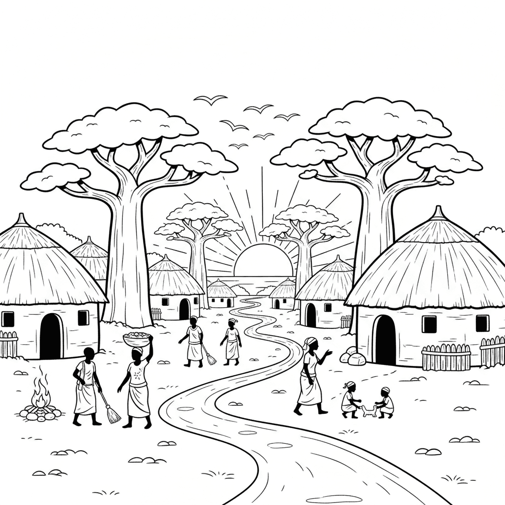 Scene: A peaceful African village sunrise with traditional huts, baobab trees, birds, villagers walking along a path, and morning activities.