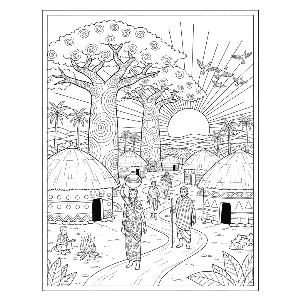 Requirements:
- Generate only one complete illustration, not multiple images.
- Do not create a collage, grid, panels, boxes, thumbnails, or several scenes on one page.
- The artwork must fill one 8.5 x 11 inch portrait page.
- Black and white coloring book line art only.
- No colors, no grayscale, no shadows, no filled black areas.
- Use clean, bold outlines suitable for coloring.
- Medium detail level: detailed enough for adults but not overwhelming.
- Include interesting textures and patterns that are enjoyable to color.
- Keep the composition balanced with the main subject clearly visible.
- Add a clean white margin around the illustration.
- Make it suitable for Amazon KDP adult coloring book printing.
- Professional coloring book quality.
- No text, no captions, no titles, no words anywhere on the page.
Scene: A peaceful African village sunrise with traditional huts, baobab trees, birds, villagers walking along a path, and morning activities.