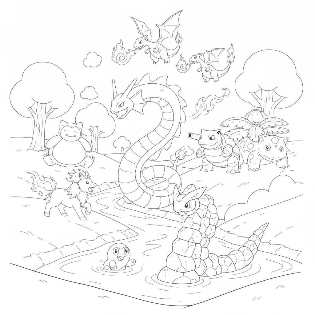 Pokemon colouring page with Gyarados, Blastoise, Venusaur, Charmeleon, Charizard, Snorlax, Growlithe, Ponyta, Poliwag, and Onyx