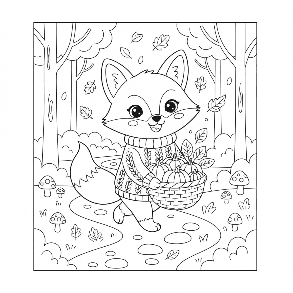 A cute fox wearing a warm sweater carrying a basket full of pumpkins and colorful autumn leaves through a peaceful woodland path, smiling face, cozy fall atmosphere, bold and easy coloring book page, thick clean black outlines, simple shapes, cute kawaii style, white background, no grayscale, no shading, no color, centered composition, single-sided printable page, large open spaces, crisp vector line art, 8.5x8.5 inch coloring book, professional KDP quality
bold and easy coloring book page, thick clean black outlines, simple shapes, cute kawaii style, white background, no grayscale, no shading, no color, centered composition, single-sided printable page, large open spaces, crisp vector line art, 8.5x8.5 inch coloring book, professional KDP quality