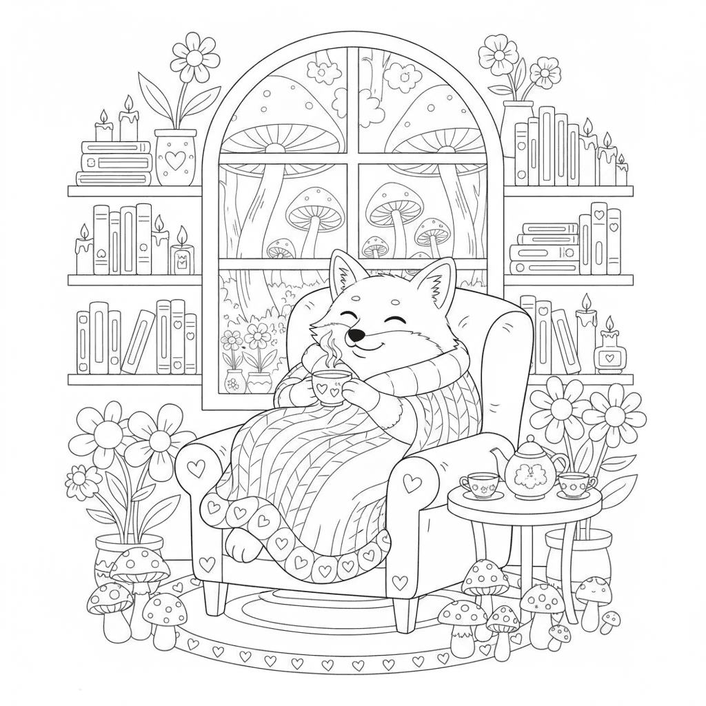 A cozy cute woodland animal relaxing in a warm cottage, surrounded by flowers, books, candles, tea cups, knitted blankets, mushrooms, and tiny decorative details. Black and white clean line art only, coloring book page for adults, highly detailed, thick crisp outlines, no shading, no gray, no colors, centered composition, printable 8.5x11 inches.
A cozy cute woodland animal relaxing in a warm cottage, surrounded by flowers, books, candles, tea cups, knitted blankets, mushrooms, and tiny decorative details. Black and white clean line art only, coloring book page for adults, highly detailed, thick crisp outlines, no shading, no gray, no colors, centered composition, printable 8.5x11 inches.