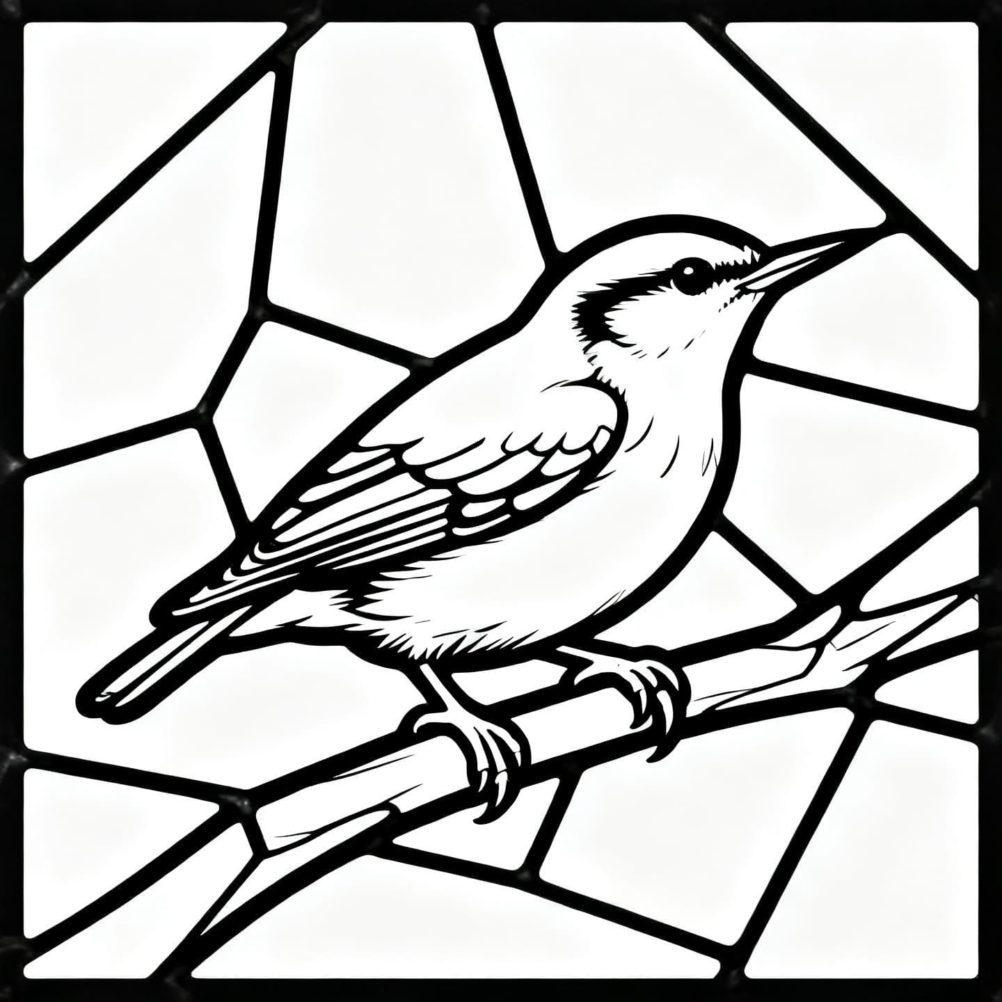 a detailed stained glass window depicting a nuthatch, detailed coloring book page, black and white line art only, clean outlines, no shading, no grayscale, no gray tones, no solid black fills, white background, outlined areas ready to color in, suitable for coloring