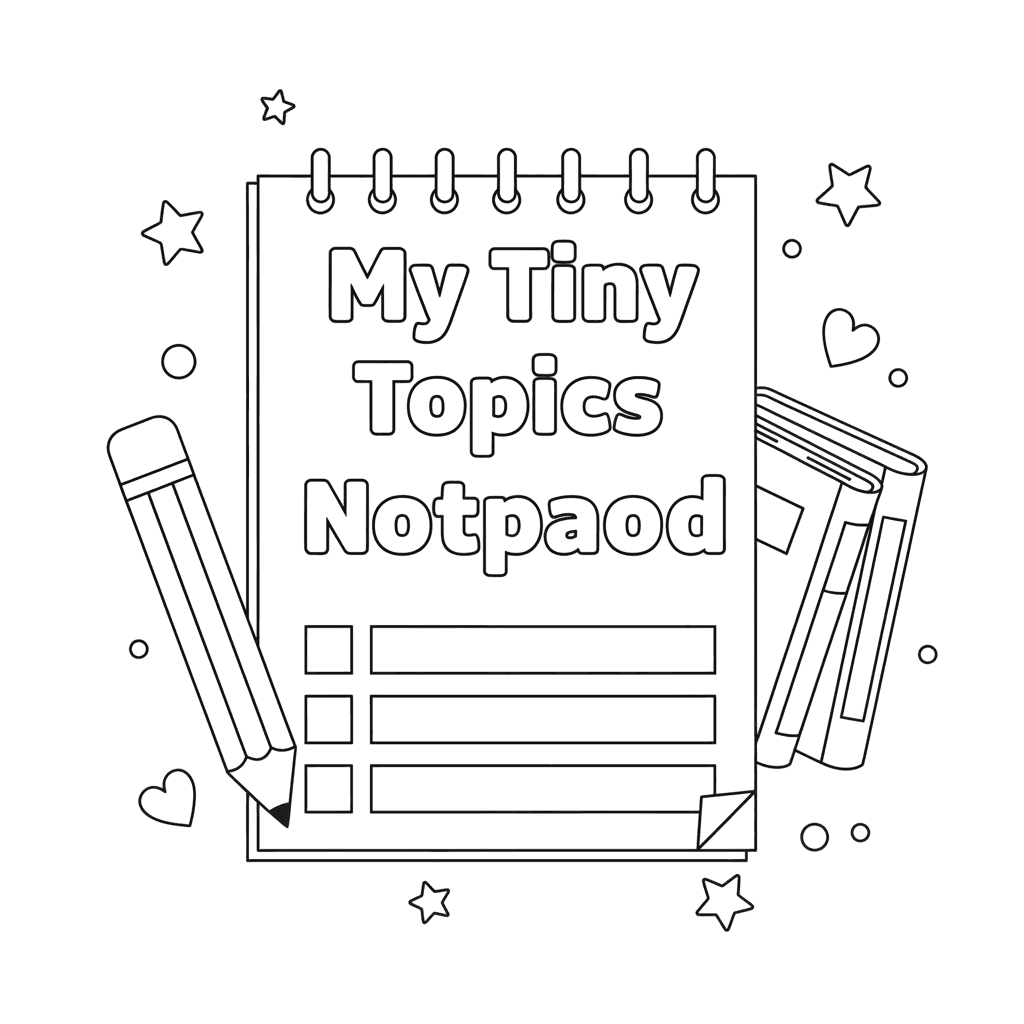 I want the coloring page to say these words because it'll be the front cover of a book and i want them to color it = "My Tiny Topics Notepad"