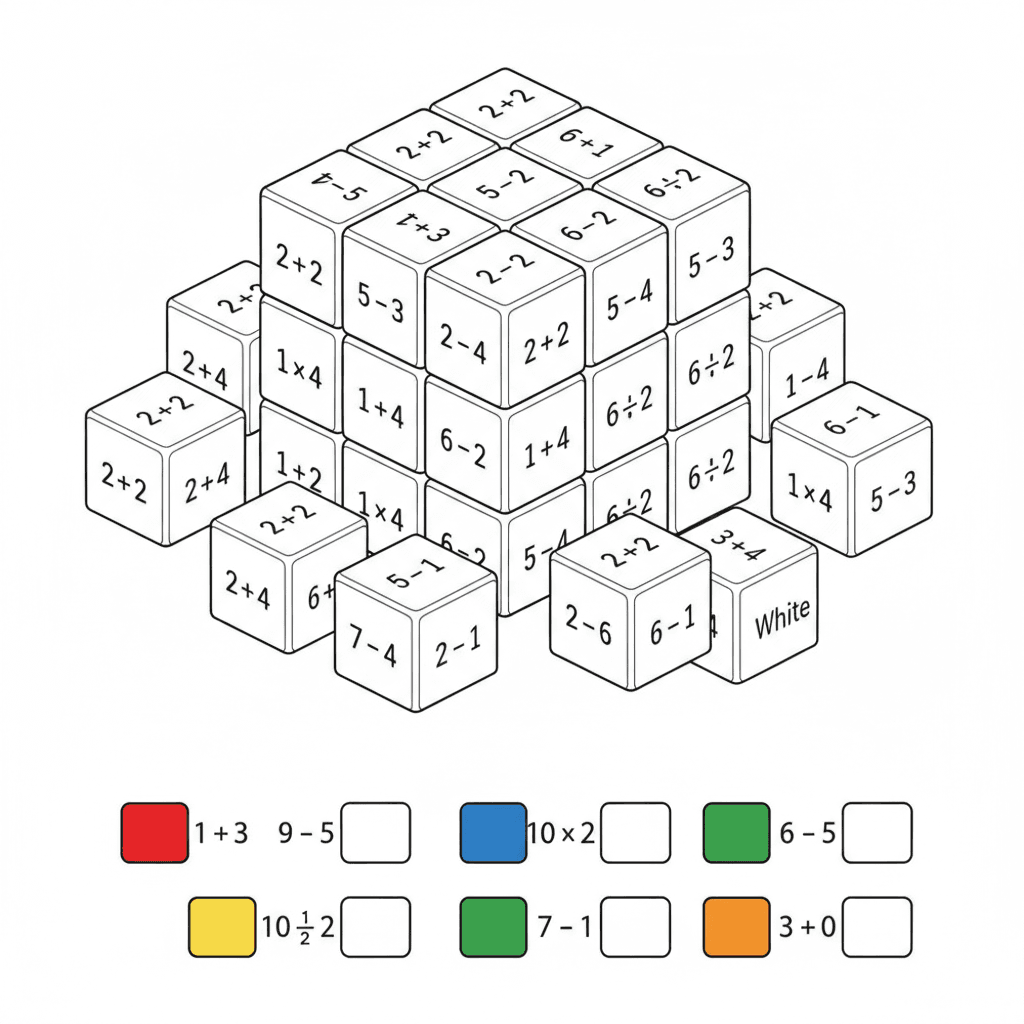 Quiero la imagen de un cubo rubik pero que para saber el color que se le pone tenga una operación basica y me des la gama de colores tambien