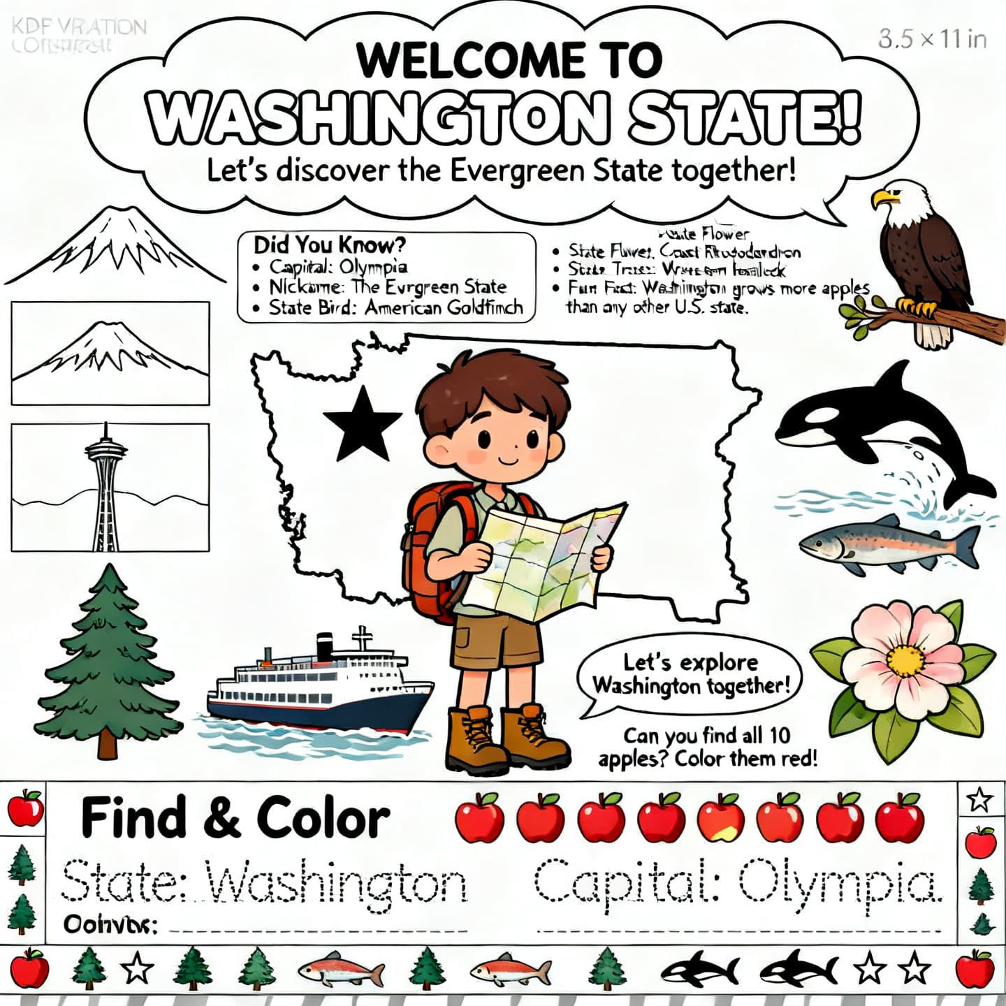 Create a professional, publisher-quality 8.5 × 11 inch children's educational coloring book page for Kindergarten through 2nd Grade (ages 5–8). This is Page 1 of a 30-page educational coloring book called "My Washington Adventure." The page should immediately excite children about learning and exploring Washington State while remaining clean, uncluttered, and easy to color.
Layout
Design the page like a high-quality elementary school workbook with balanced spacing, large illustrations, and plenty of white space.
At the very top, place the title:
WELCOME TO WASHINGTON STATE!
using large bubble letters that children can color.
Directly underneath, include the subtitle:
Let's discover the Evergreen State together!
Main Illustration
In the center of the page, draw a smiling young explorer (gender-neutral) wearing a backpack and hiking boots while happily holding a folded map.
Behind the explorer is a large outline map of Washington State with a bold star marking Olympia, labeled clearly.
Around the map, arrange large illustrations with enough space between them for easy coloring:
Mount Rainier
Washington State flag (simplified for coloring)
Space Needle
Ferry boat
Orca whale jumping
Salmon swimming
Bald eagle perched on a branch
Evergreen tree
Apple
Coast Rhododendron flower
The illustrations should surround the map like a collage without overlapping.
Educational Box
Create a fun "Did You Know?" box that reads:
Did You Know?
• Capital: Olympia
• Nickname: The Evergreen State
• State Bird: American Goldfinch
• State Flower: Coast Rhododendron
• State Tree: Western Hemlock
• Fun Fact: Washington grows more apples than any other U.S. state.
Speech Bubble
The explorer says:
"Let's explore Washington together!"
Activity
At the bottom of the page create a fun activity titled:
Find & Color
Hide 10 small apples throughout the page.
Add the instruction:
Can you find all 10 apples? Color them red!
Make the apples easy enough for ages 5–8 to find but not immediately obvious.
Trace Activity
Include two handwriting lines:
State: Washington
Capital: Olympia
The words should appear in dotted tracing letters with blank lines underneath for children to practice writing them.
Decorative Border
Create a simple decorative border using alternating Washington-themed icons:
Apples
Evergreen trees
Salmon
Orca whales
Stars
Keep the border simple so it doesn't distract from the main activity.
Illustration Style
Bold black outlines only
Thick, consistent line weight
No grayscale
No color
No shading
No textures
No crosshatching
Large open coloring areas
Friendly cartoon style
Rounded shapes
Child-safe proportions
Clean vector-style line art
White background
High-resolution
Printable
KDP-ready
Classroom-quality educational worksheet
Important Requirements
The page should look like it was illustrated by a professional children's educational publisher—not generated by AI. The composition should feel warm, welcoming, engaging, and organized, encouraging children to explore Washington State while building geography, observation, reading, and handwriting skills through play.