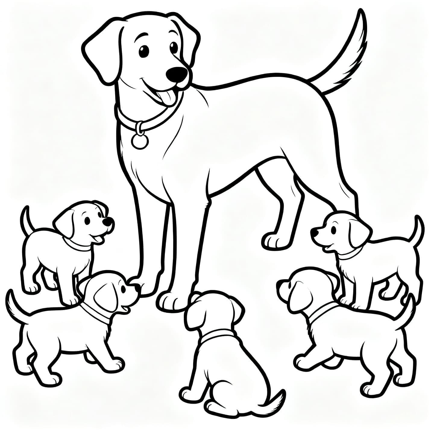 create Full-page complete full high-resolution black and white image one big dog and 5 puppies playing .simple thin clean outlines.sutiable ages 6-12. no add borders . follow the line portrait shape.no background.no blank page