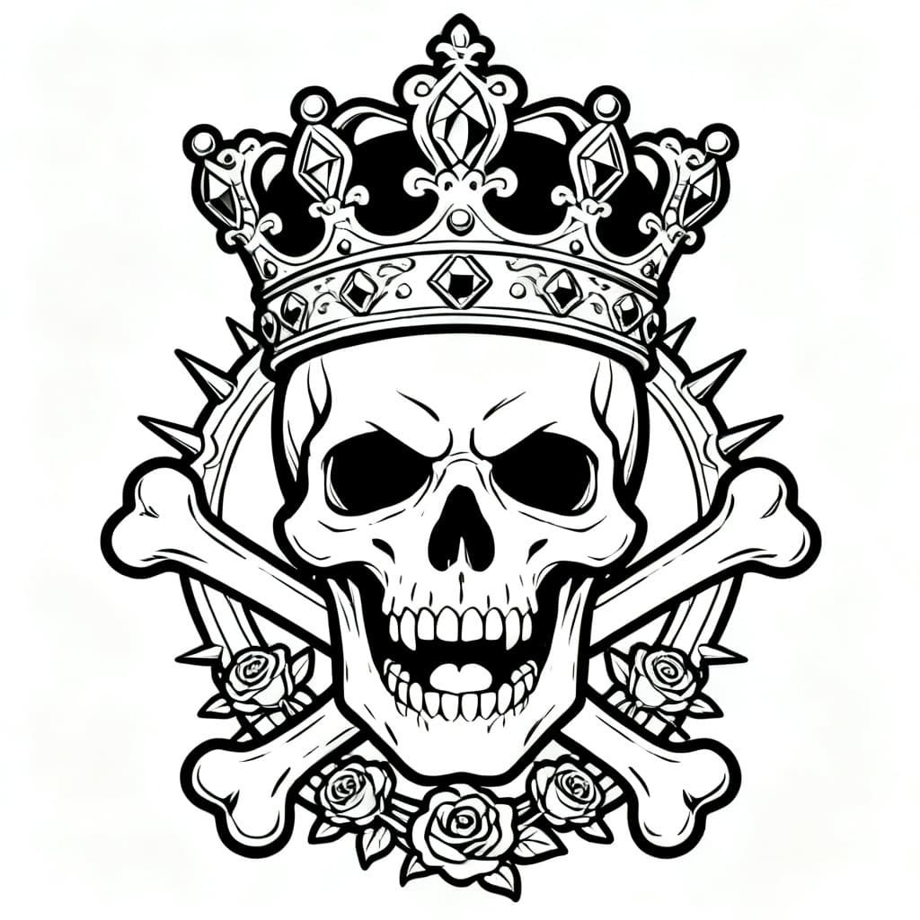 A royal skull crowned with a heavy, ornate crown, presented as a centered bust-style portrait with the crown towering above and the jaw slightly open in a stern, powerful, front-facing pose, the crown tilted slightly for dramatic effect. Decorative details include gemstone-style crown facets, baroque spikes, small closed rose shapes at the base, and crossbones subtly worked into the frame, all rendered as fully enclosed outlines. Drawn in professional neo-traditional tattoo flash style with bold blackwork, thick outer contours, refined interior linework, and clean vector clarity. Medium-high detail with large facial planes and comfortably sized coloring sections, on a clean pure white background. Negative prompt: no color, no grayscale, no shading, no gradients, no dark or textured background, no tiny bone fragments, no clutter, no crooked anatomy, no open/unclosed linework, no blur, no watermark, no text, no AI artifacts.