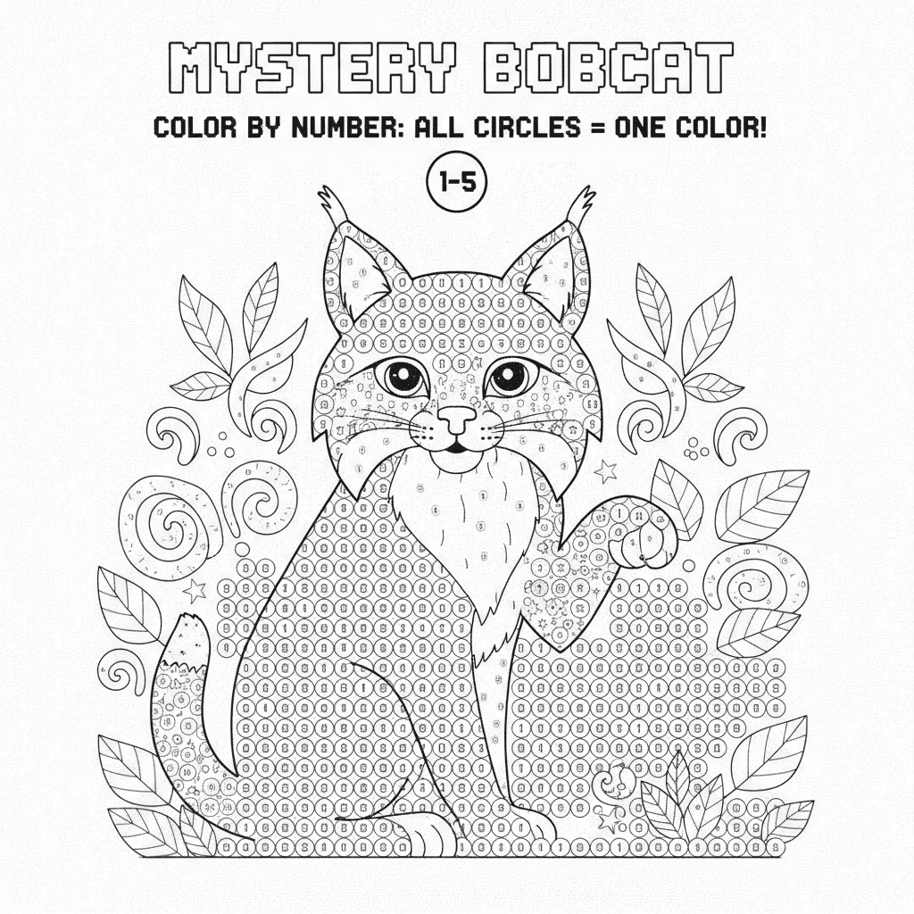 Create me a whimsical bobcat coloring book page that is the one color only circle dot color by number themed but its only dots to make the mystery image using the one color to fill in all the circles