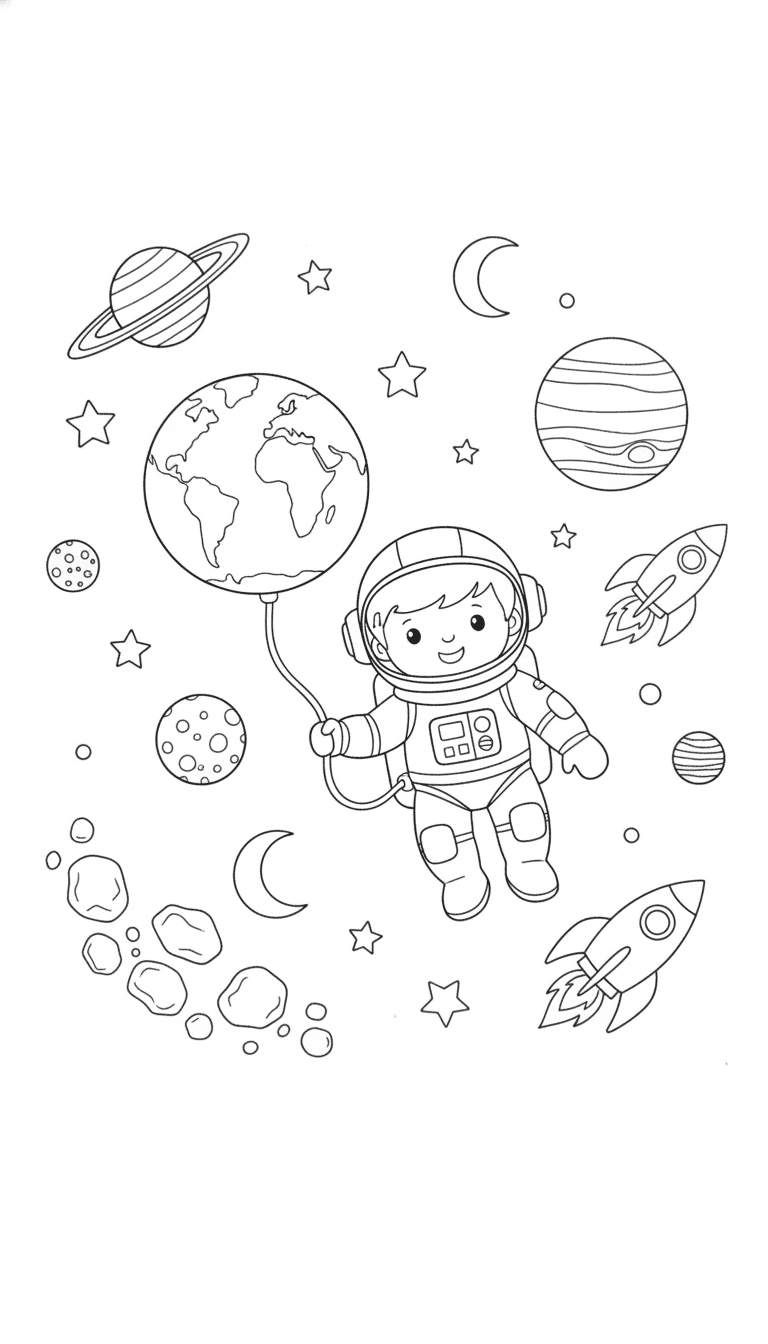 Convert this photo into a black-and-white children’s with 20 pages coloring book with different planet in solar system, astronaut, and object in space. Trace the main subject into simple, bold, and clean outlines only, no shading, no grey tones, no color fill. Simplify the background into minimal, large, easy to color shapes. Keep the pose and key features recognizable but flatten all detail into thick, consistent line art suitable for kids age 4-10. Style: cartoon, friendly, vector line art coloring book illustration. White background only. No text, no watermark, no signature.
