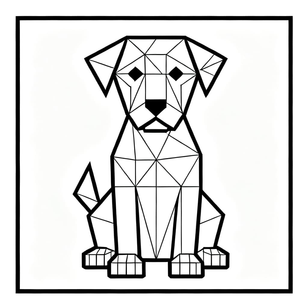 Children's coloring book page, black and white, outlines only (line art), no color fill. A cute dog drawn in a geometric cubist style inspired by Picasso combined with a voxel/block aesthetic (like Minecraft): body, head, paws and ears built from triangles, diamonds and small faceted cubes, broken angles, multiple visible "facets" like a cubist face. Pose: sitting, facing forward, tail raised forming a triangle. Thick, uniform, closed lines (good for coloring), completely empty/white background. US Letter format (8.5 x 11 in), portrait orientation, 0.3 cm margin on all sides, main element well framed within the margin.
