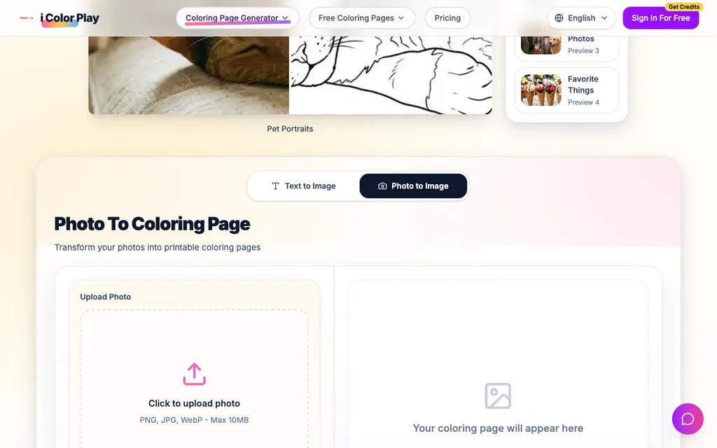 The iColorPlay photo to coloring page converter: upload area on the left, result preview on the right