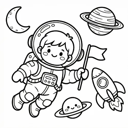 Space-themed coloring page with a rocket and planets